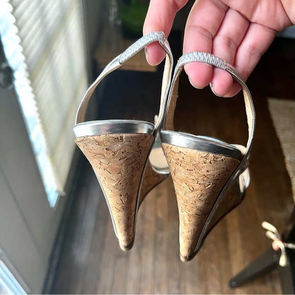 Christian Louboutin / Silver Open Toe Cork Heel Wedges - Picture 3 of 4